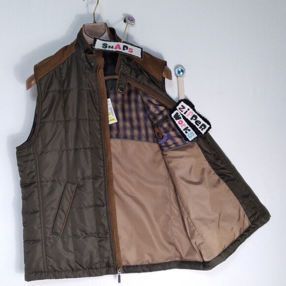 Alan Flusser Dark Khaki Micro-Suede Trim Full Zip Quilted Outerwear Vest L - Picture 8 of 13